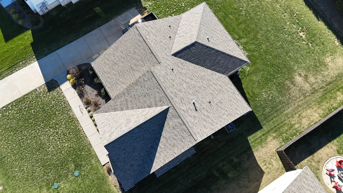 Aerial drone photo of a roofing project in Smyrna, Tennessee by Blue Raider Roofing & Contracting