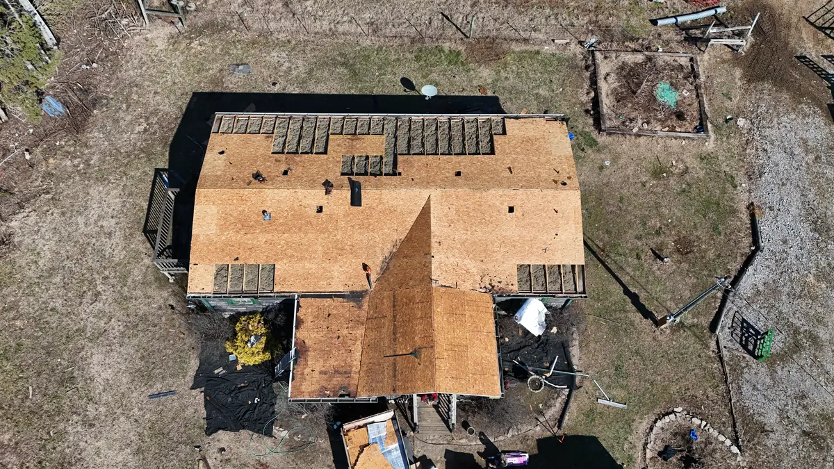 Aerial drone photo of a roofing project in Spring Hill, Tennessee by Blue Raider Roofing & Contracting