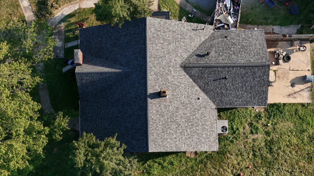 Second aerial angle of the finished April 14, 2025 roof replacement in Shelbyville, TN