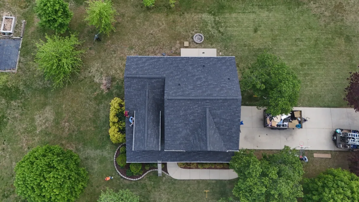 Completed roof on a Spring Hill, TN home, oblique aerial view