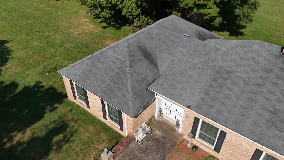 Drone roof inspection of a brick ranch home in Summitville, Coffee County, TN