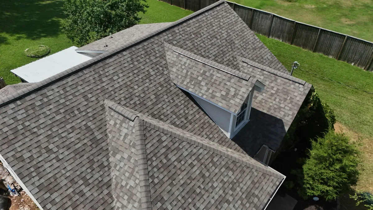 Close-up of a completed dark shingle roof in Rutherford County, TN