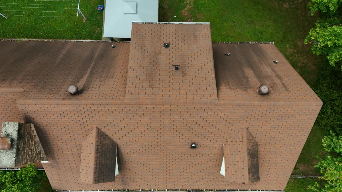 Roof vents and penetrations on a Rutherford County, TN home seen from a drone