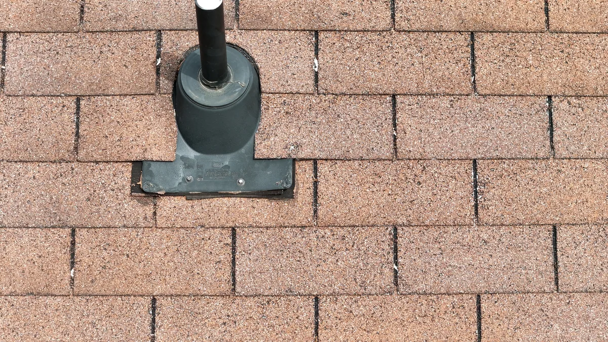 Pipe boot and flashing close-up from a Rutherford County, TN drone roof inspection