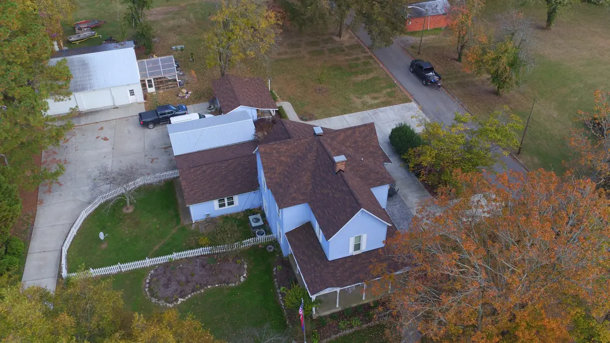 Aerial drone photograph of a residential roof in Bell Buckle, TN, captured by Blue Raider Roofing during an FAA Part 107 roof inspection.