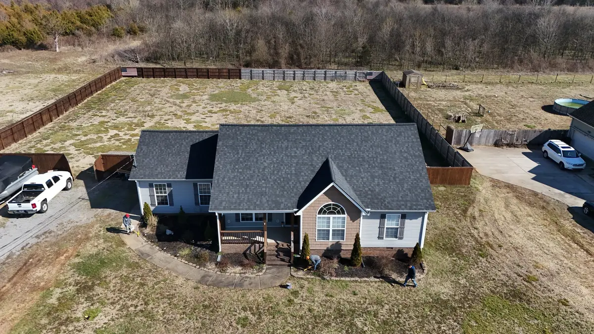 Aerial drone photograph of a residential roof in Bell Buckle, TN, captured by Blue Raider Roofing during an FAA Part 107 roof inspection.