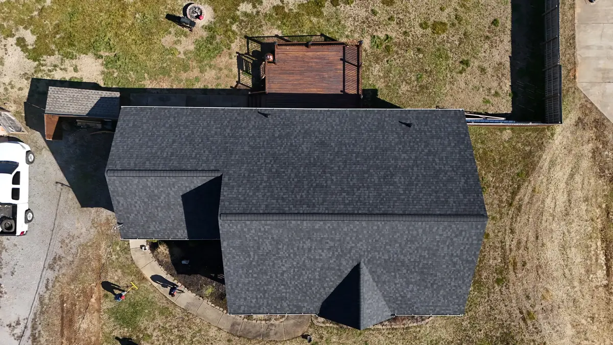 Aerial drone photograph of a residential roof in Bell Buckle, TN, captured by Blue Raider Roofing during an FAA Part 107 roof inspection.