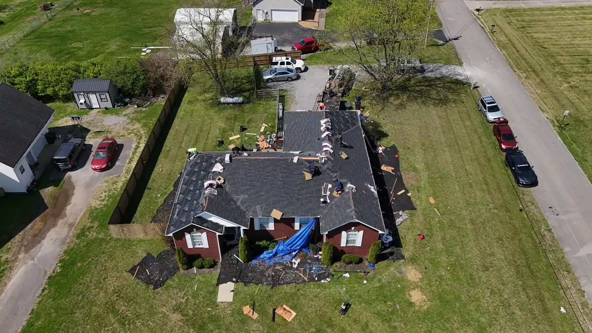 Aerial drone photograph of a residential roof in Bell Buckle, TN, captured by Blue Raider Roofing during an FAA Part 107 roof inspection.