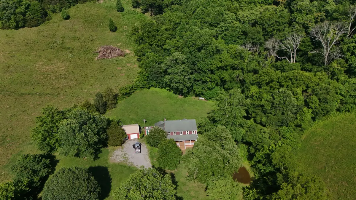 Aerial drone photograph of a residential roof in Bell Buckle, TN, captured by Blue Raider Roofing during an FAA Part 107 roof inspection.