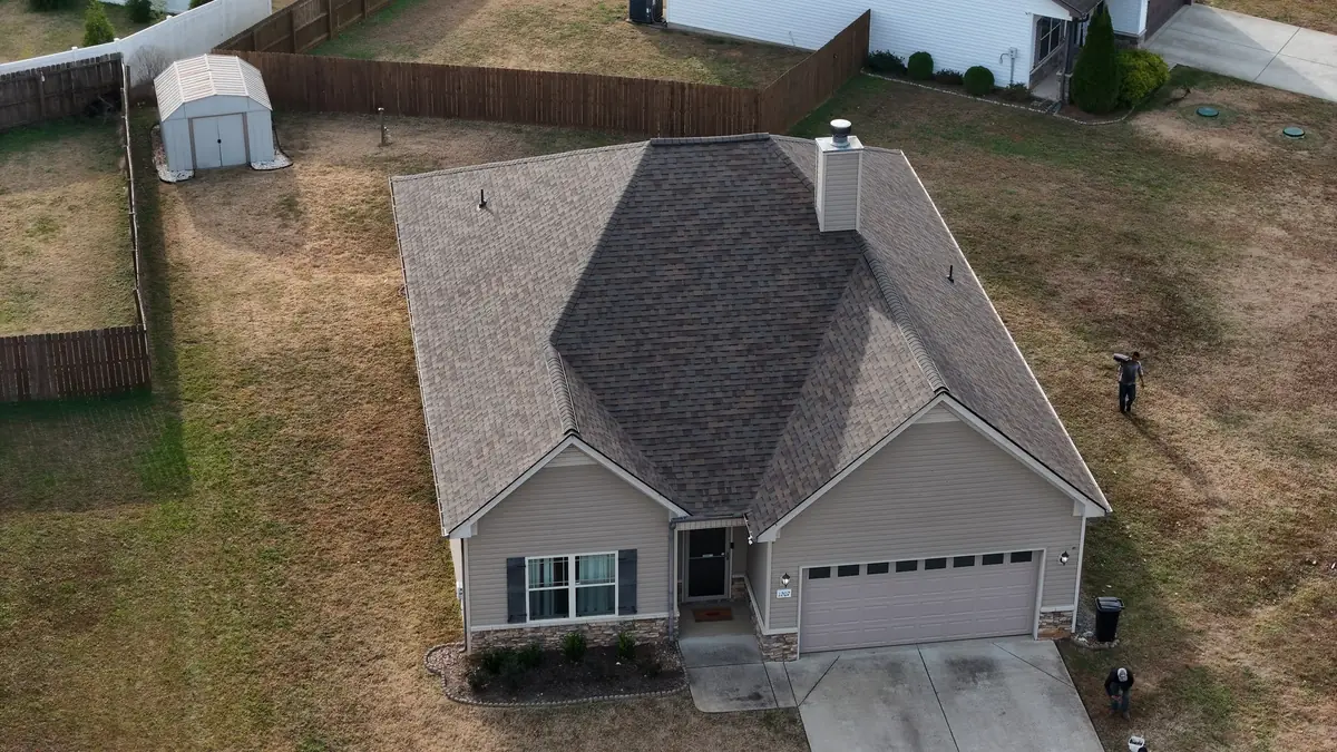 Aerial drone photograph of a residential roof in Christiana, TN, captured by Blue Raider Roofing during an FAA Part 107 roof inspection.