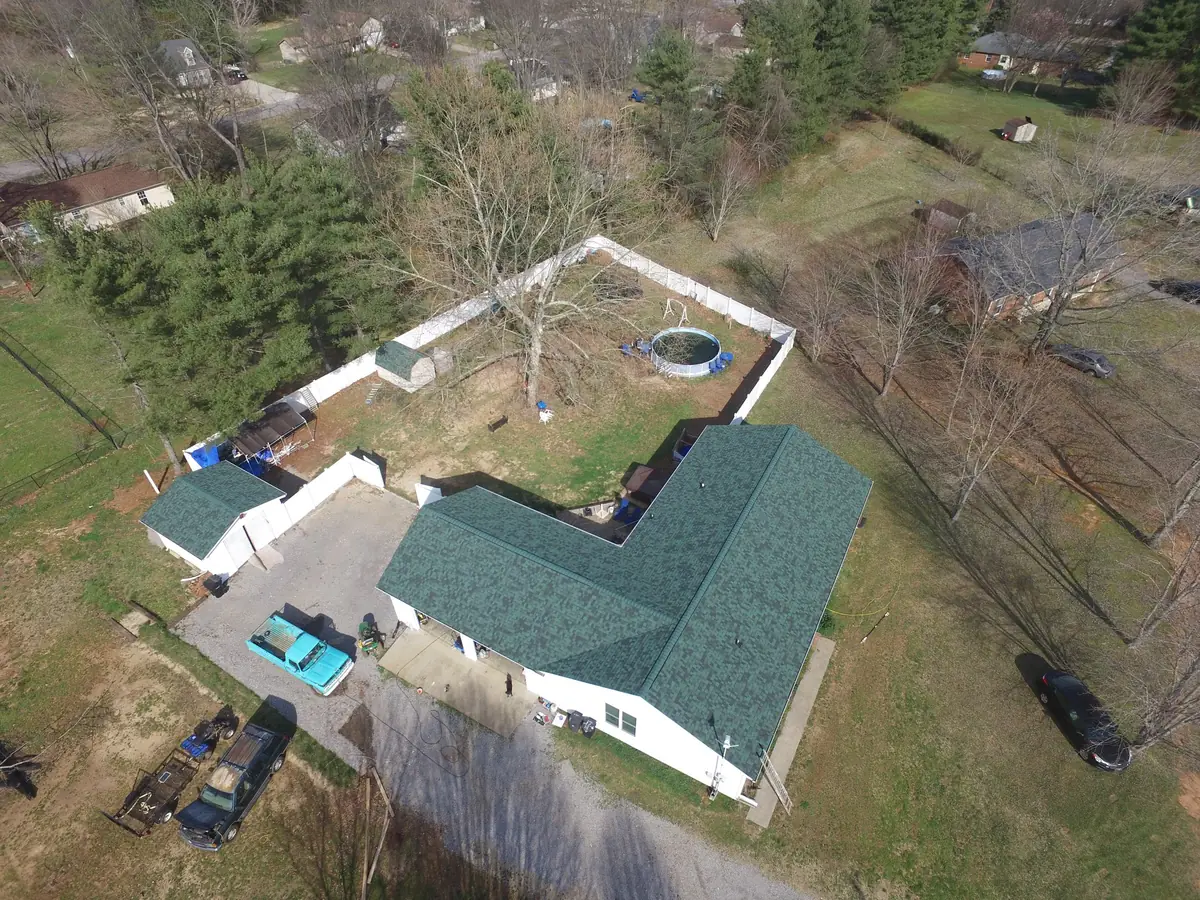 Aerial drone photograph of a residential roof in Murfreesboro, TN, captured by Blue Raider Roofing during an FAA Part 107 roof inspection.
