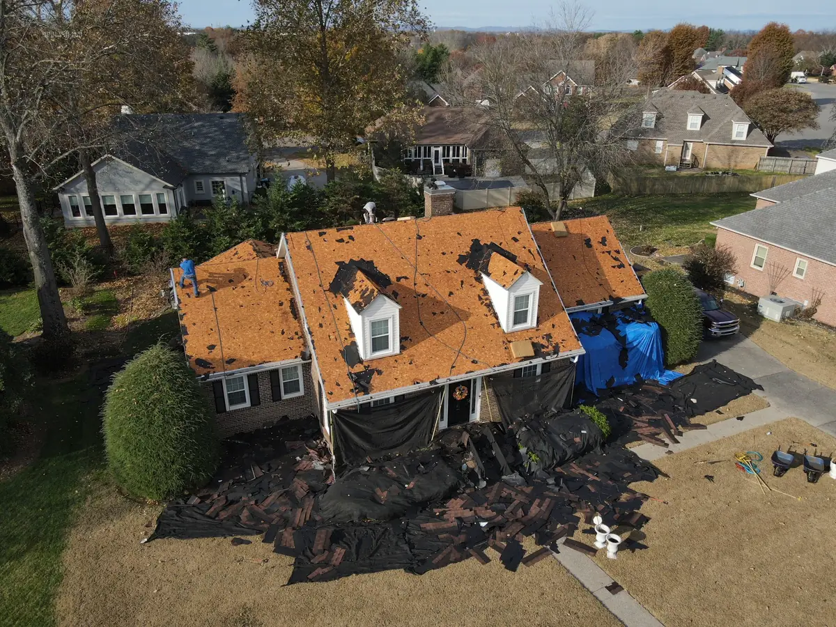 Aerial drone photograph of a residential roof in Murfreesboro, TN, captured by Blue Raider Roofing during an FAA Part 107 roof inspection.