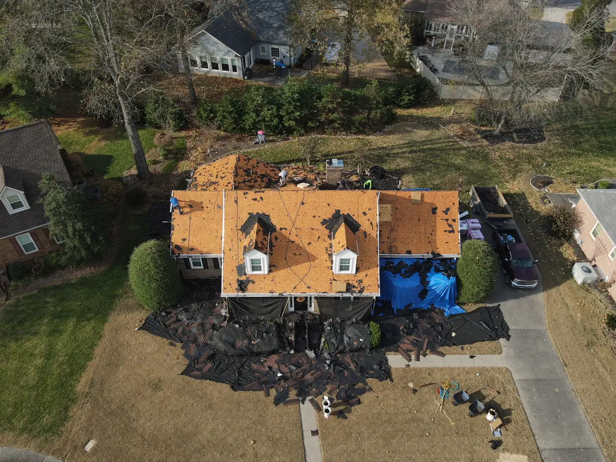 Aerial drone photograph of a residential roof in Murfreesboro, TN, captured by Blue Raider Roofing during an FAA Part 107 roof inspection.