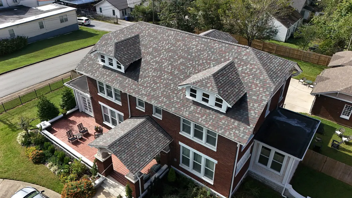 Aerial drone photograph of a residential roof in Shelbyville, TN, captured by Blue Raider Roofing during an FAA Part 107 roof inspection.