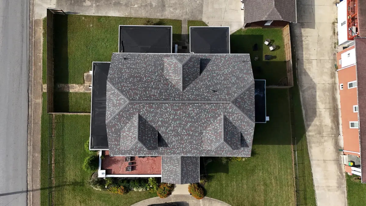 Aerial drone photograph of a residential roof in Shelbyville, TN, captured by Blue Raider Roofing during an FAA Part 107 roof inspection.