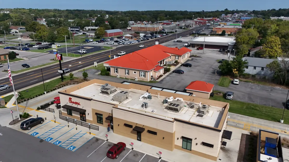 Aerial drone photograph of a residential roof in Shelbyville, TN, captured by Blue Raider Roofing during an FAA Part 107 roof inspection.