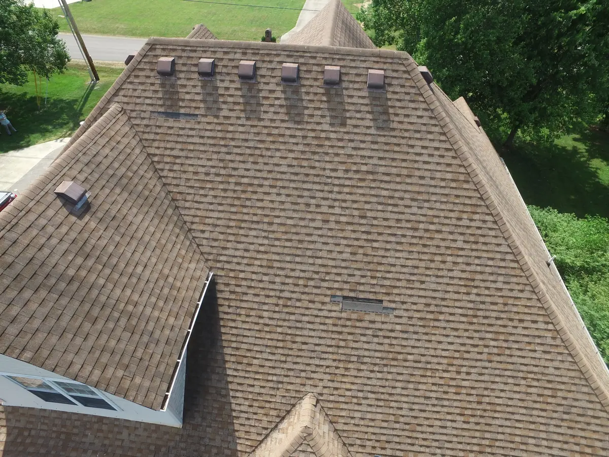 Aerial drone photograph of a residential roof in Smyrna, TN, captured by Blue Raider Roofing during an FAA Part 107 roof inspection.