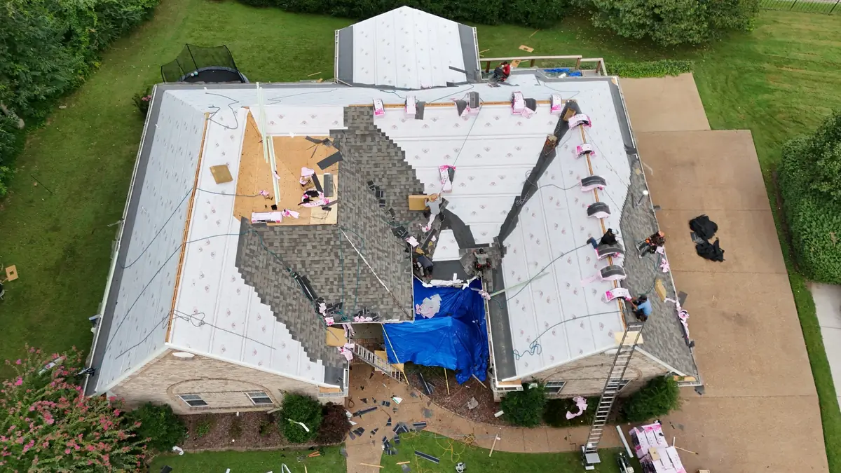 Roof replacement in progress in Smyrna, TN, documented by drone by Blue Raider Roofing.
