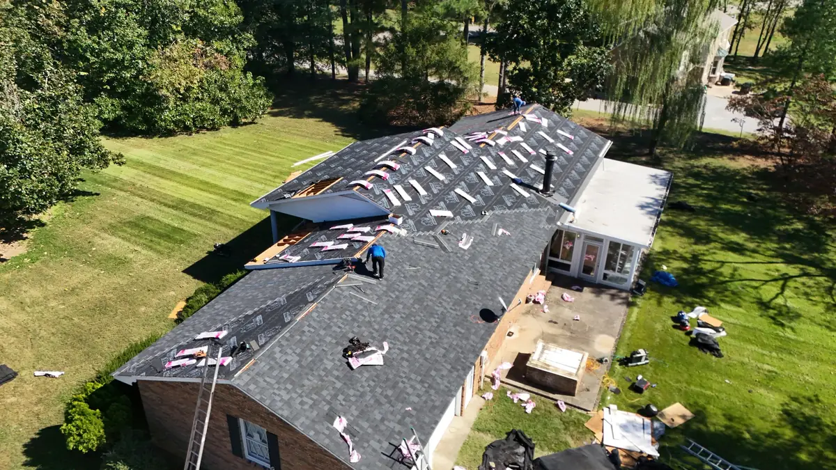 Aerial drone photograph of a residential roof in Smyrna, TN, captured by Blue Raider Roofing during an FAA Part 107 roof inspection.