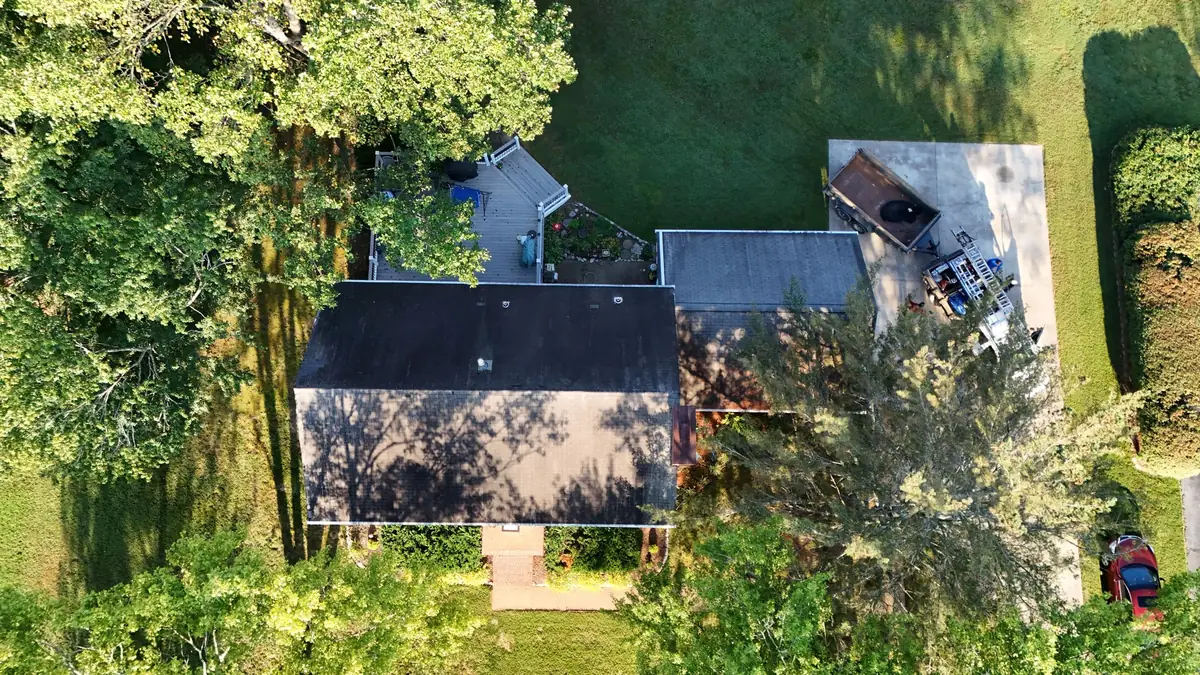 Aerial drone photograph of a residential roof in Tullahoma, TN, captured by Blue Raider Roofing during an FAA Part 107 roof inspection.