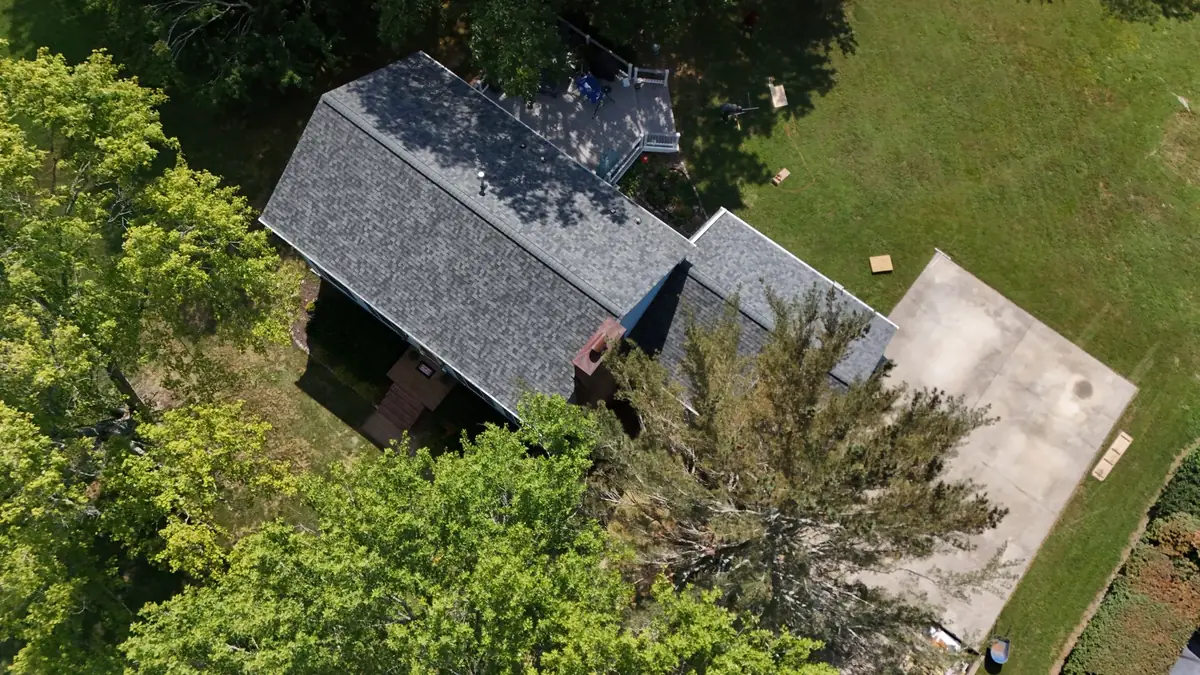 Aerial drone photograph of a residential roof in Tullahoma, TN, captured by Blue Raider Roofing during an FAA Part 107 roof inspection.
