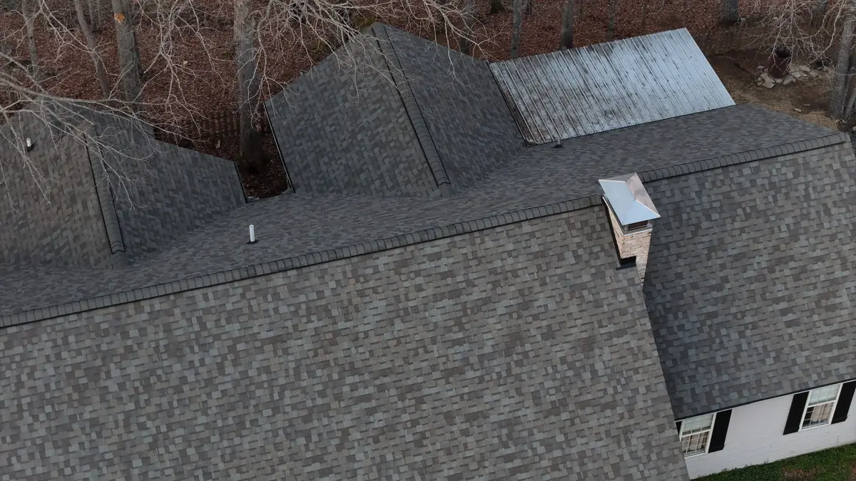 Aerial drone photograph of a residential roof in Wartrace, TN, captured by Blue Raider Roofing during an FAA Part 107 roof inspection.
