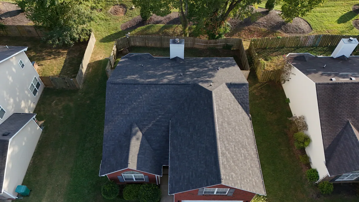 Finished roof replacement on a Smyrna, TN home photographed by drone at the end of installation day