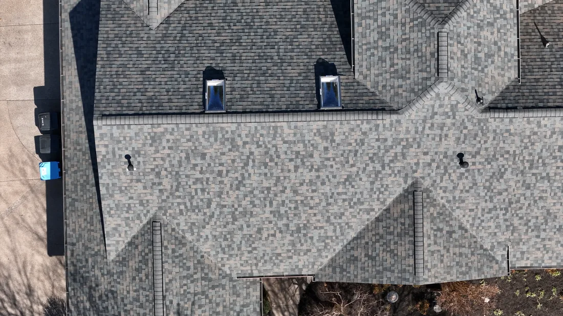 Drone aerial inspection image of a residential shingle roof